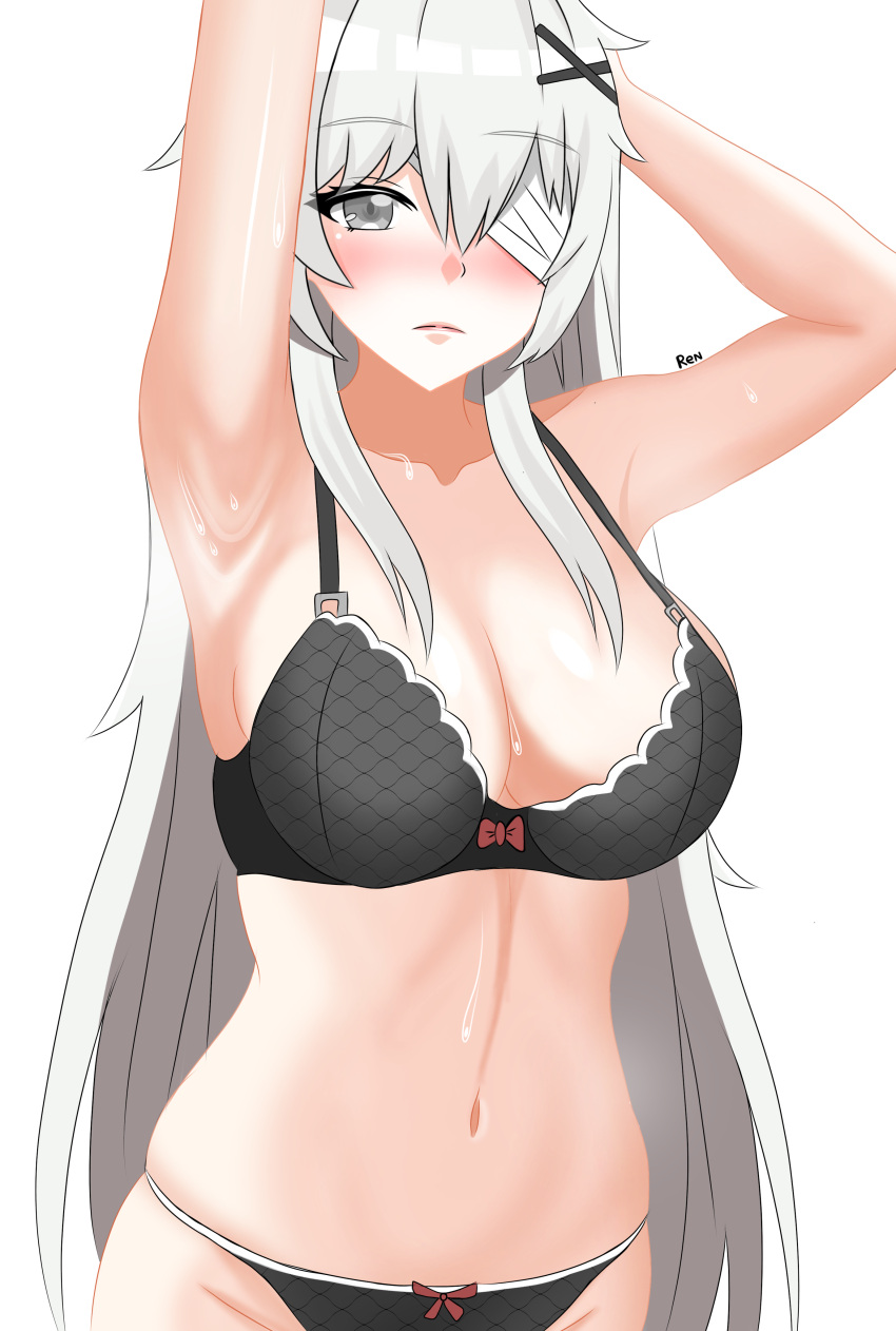 1girls alternate_breast_size armpits arms_behind_head bandages blush female female_only grey_eyes light-skinned_female light_skin long_hair navel no.21 punishing:_gray_raven robot_girl solo standing sweat underwear white_hair yuukiren