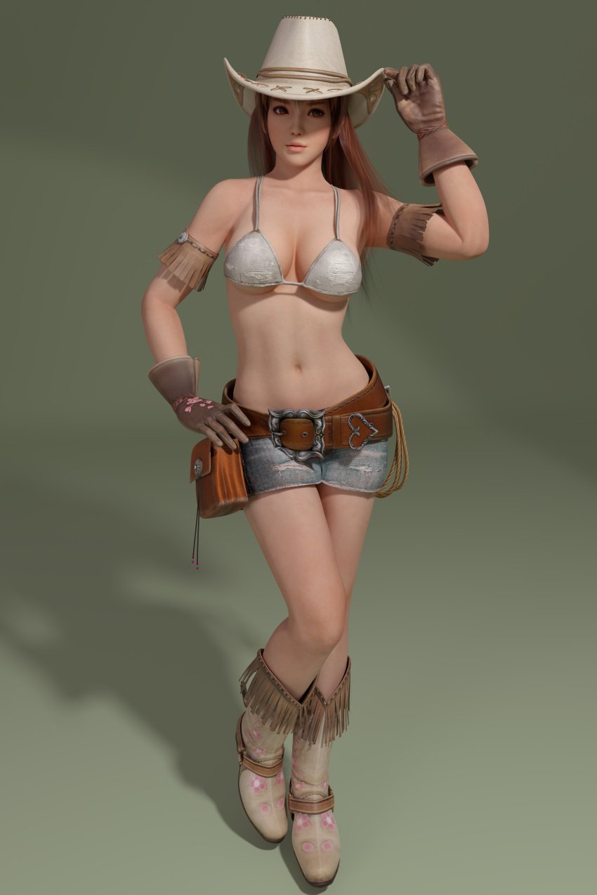 1girls 3d 3d_(artwork) bangs bare_shoulders belt bikini_top boots breasts brown_eyes brown_gloves brown_hair cleavage cowboy_boots cowboy_hat dead_or_alive dead_or_alive_5 denim_skirt female female_focus female_only floral_print full_body gloves gradient_background hand_on_hip hat highres jean_skirt kasumi_(doa) long_hair navel radianteld simple_background skirt solo standing tecmo thighs wide_hips