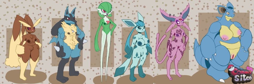 absurd_res anthro big_breasts black_sclera blue_body blue_eyes blue_fur blue_nipples blue_sclera breasts brown_body brown_eyes brown_fur brown_nipples canid canine clitoris clitoris_piercing conmasitco ear_piercing eeveelution espeon fan_character female freckles fur gardevoir generation_1_pokemon generation_2_pokemon generation_3_pokemon generation_4_pokemon genital_piercing genitals glaceon green_body green_nipples group hi_res huge_breasts lagomorph leporid lopunny lucario mammal mature_female medium_breasts model_sheet monster muscular muscular_female nidoqueen nintendo nipple_piercing nipples penis piercing pink_body pink_fur pink_nipples pokemon pokemon_(species) pokemon_team pubes purple_nipples purple_sclera pussy rabbit red_eyes short_stack slightly_chubby small_breasts tail taller_female tattoo thick_thighs white_body white_eyes wide_hips