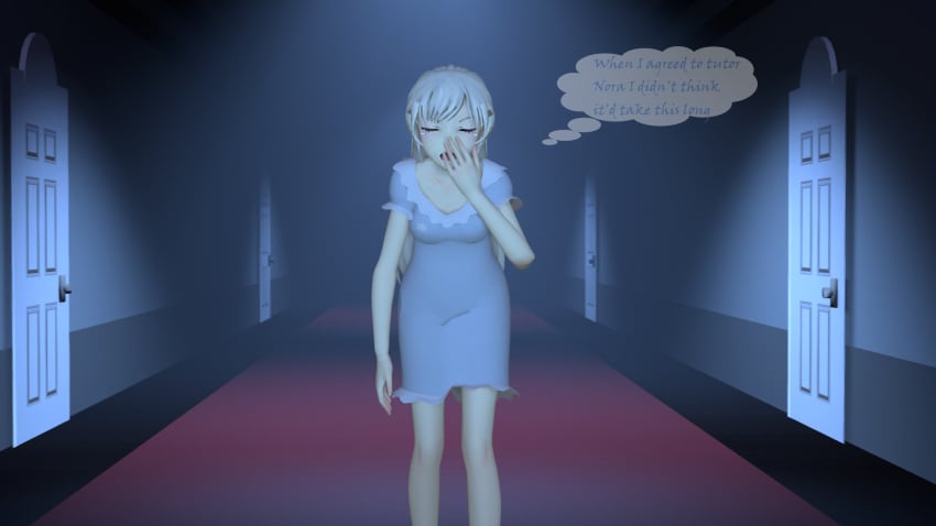 3d closed_eyes comic hallway night pajamas rwby simple_smut source_filmmaker speech_bubble tired weiss_schnee white_hair yawn