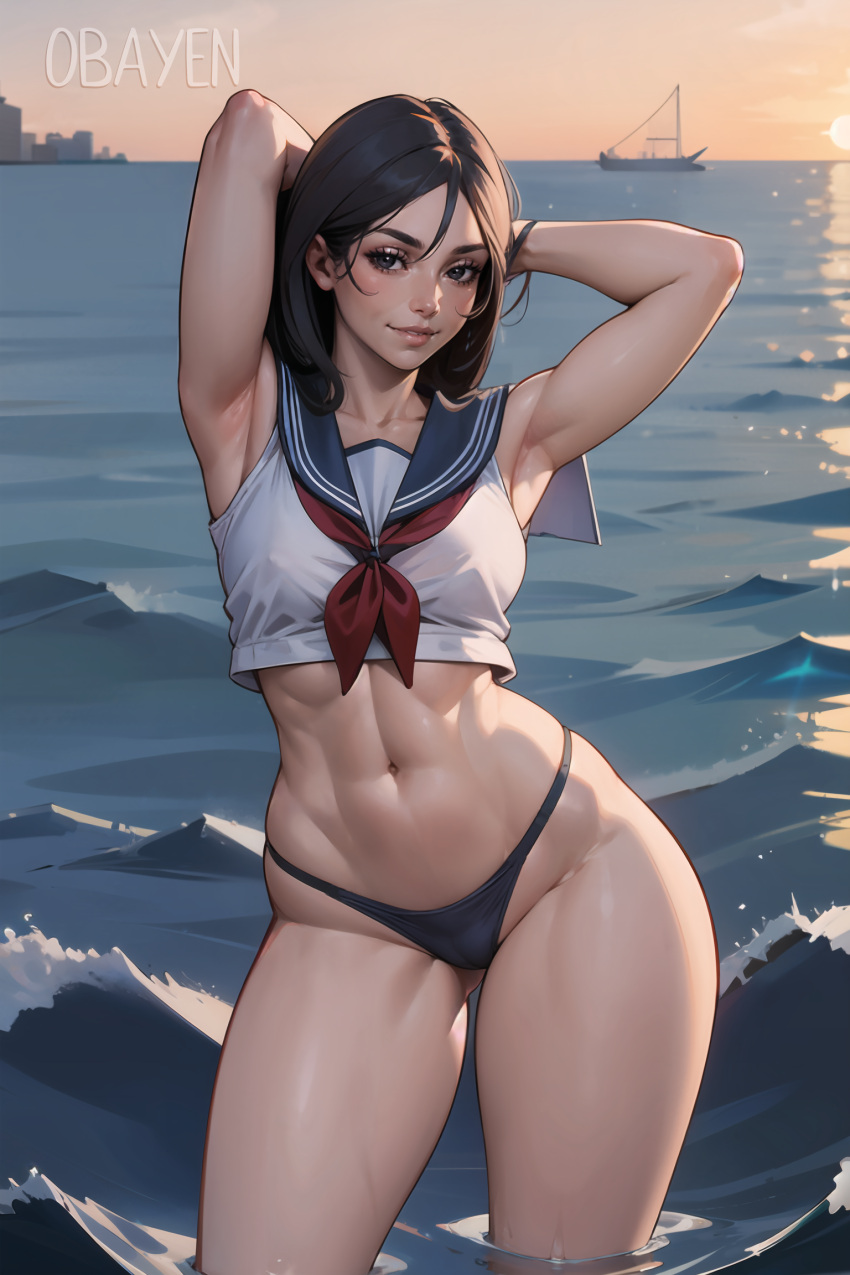 1girls ai_generated big_ass big_butt bikini black_eyes black_hair breasts child_bearing_hips female female_focus female_only medium_breasts obayen sailor_collar small_breasts solo solo_female thick_thighs wide_hips