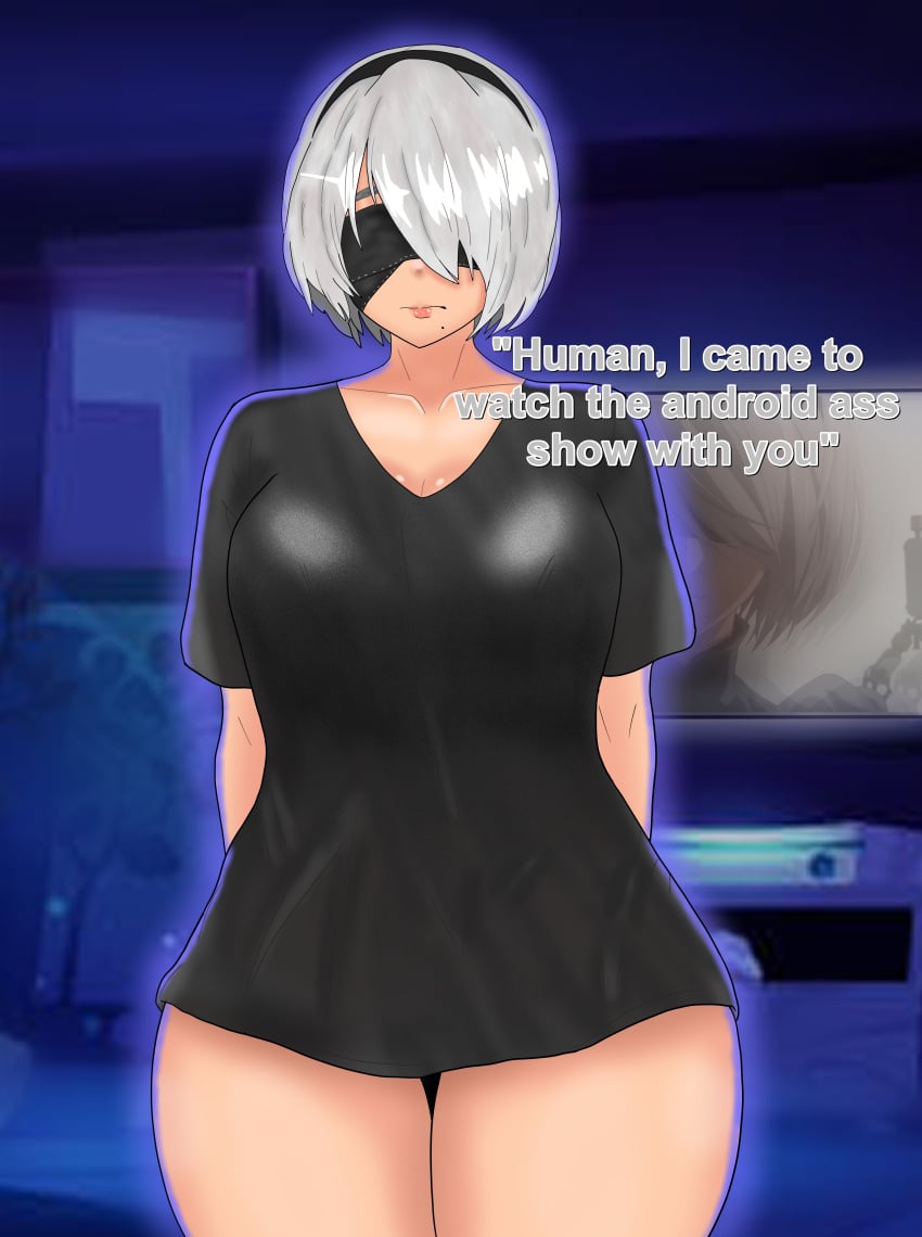 1girls anime_screencap anime_style arms_behind_back bandana black_skirt blindfold blindfolded blue_glow cosplay eddarxart english_text female game_console hourglass_figure mole mole_under_mouth nier:_automata nier_(series) oversized_clothes oversized_shirt plump plump_lips sole_female solo solo_female solo_focus talking talking_to_viewer text text_bubble thick thick_thighs thigh_gap thighs tv tv_screen tv_show white_hair yorha_2b yorha_2b_(cosplay)