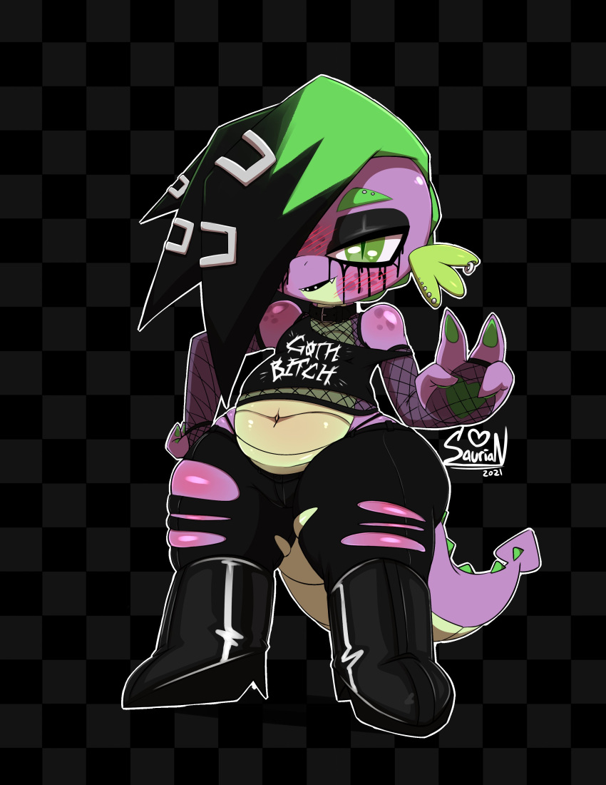 belly_button black_boots black_eyeshadow black_pants chubby dragon fishnet_shirt friendship_is_magic full_body goth hand_on_hip my_little_pony peace_sign piercings saurian_(artist) shortstack spike_(mlp) spyke_(saurian) v wide_hips