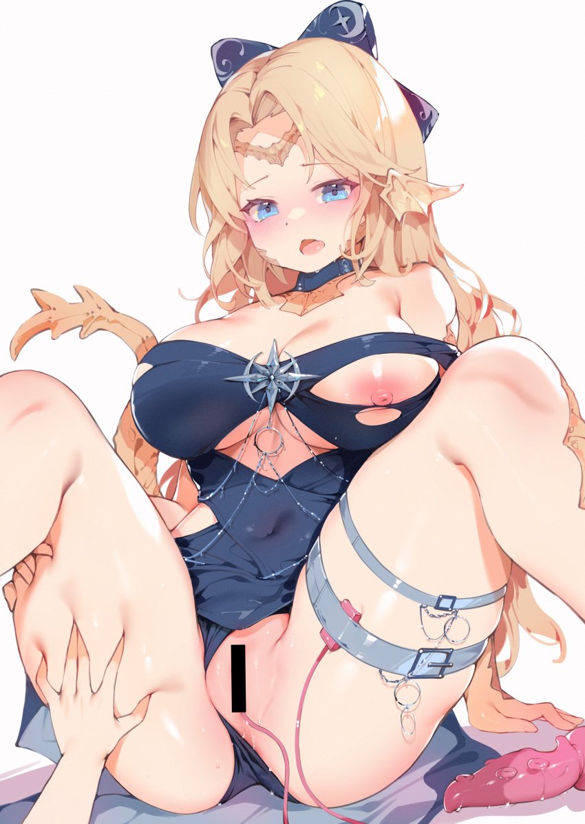 absurdres armpit_crease au_ra avatar_(ff14) bangs bar_censor belt belt_buckle beltbra blonde_hair blue_belt blue_choker blue_dress blue_eyes blush breasts buckle censored chains choker cleavage clothing_cutout covered_navel deep_skin dildo dragon_dildo dragon_girl dragon_horns dragon_tail dress egg_vibrator feet_out_of_frame female final_fantasy final_fantasy_xiv grabbing_own_thigh hair_ribbon hand_on_another's_thigh highres horns impossible_clothes impossible_dress jewelry large_breasts leg_belt long_hair looking_at_viewer multiple_belts nipples o-ring one_breast_out open_mouth pussy_juice ribbon scales sex_toy simple_background sitting skindentation solo spiked_dildo spread_legs star_ornament tail torn_clothes underboob underboob_cutout vibrator white_background white_belt zhazhapao