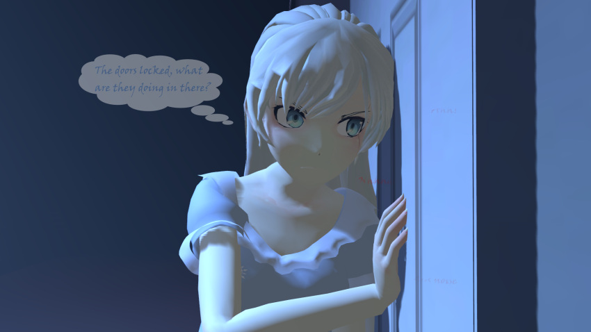 blue_eyes comic comic_page hallway night rwby simple_smut source_filmmaker speech_bubble weiss_schnee white_hair