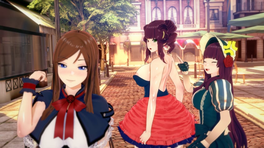 2022 3d 3girls blue_eyes brown_hair castlevania castlevania:_portrait_of_ruin charlotte_aulin distracted distracted_boyfriend female female_focus female_only huge_breasts human koikatsu konami large_breasts loretta_lecarde meme nipple_slip r77b stella_lecarde street