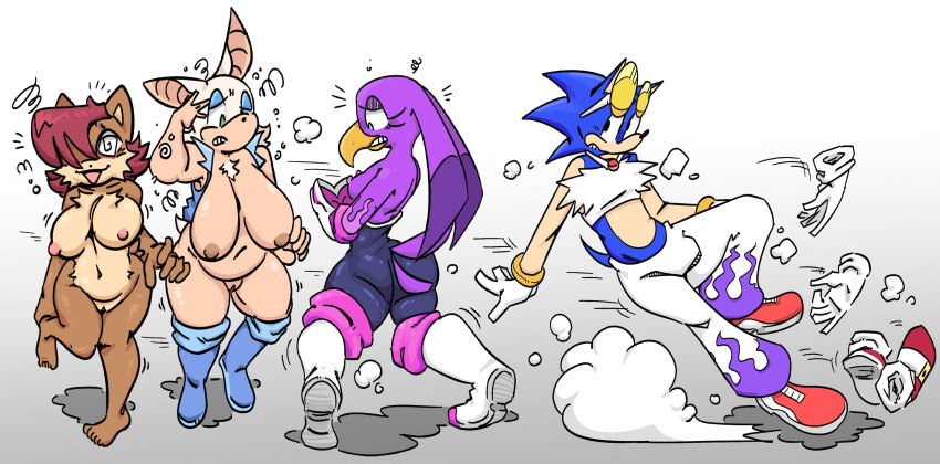 1boy 2d 3girls anthro armpits ass avian bat boots breasts chipmunk clothed color dizzy embarrassed female furry hedgehog jpeg male mammal mobian mobian_(species) mobian_bat nipples no_wings nude pants partially_clothed pussy qoolbunart rouge_the_bat sally_acorn sega shoes sonic_(series) sonic_adventure_2 sonic_the_hedgehog sonic_the_hedgehog_(series) tight_clothing tubetop vest wardrobe_malfunction wave_the_swallow