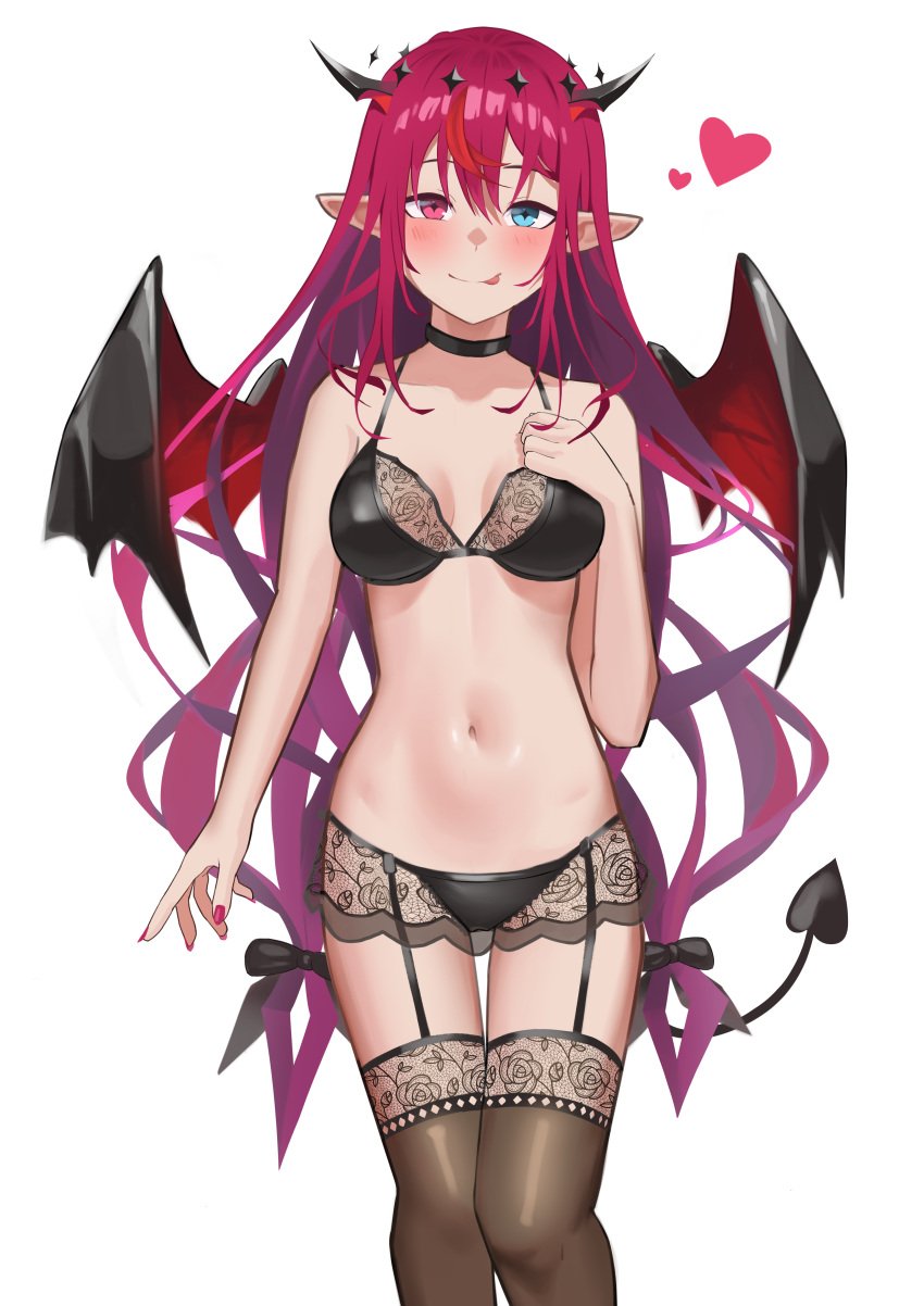 :p absurdres aqua_eyes black_panties black_thighhighs blush bow bra breast_suppress breasts cowboy_shot demon_tail demon_wings female garter_straps hairbow heart heterochromia highres hololive hololive_english hololive_english_-promise- irys irys_(hololive) lace-trimmed_bra lace-trimmed_legwear lace_trim lingerie long_hair looking_at_viewer nail_polish navel panties pointy_ears red_eyes red_hair shift_(shiftillust) shiny_skin simple_background smile solo tail thigh_gap thighhighs tongue tongue_out underwear very_long_hair virtual_youtuber white_background wings