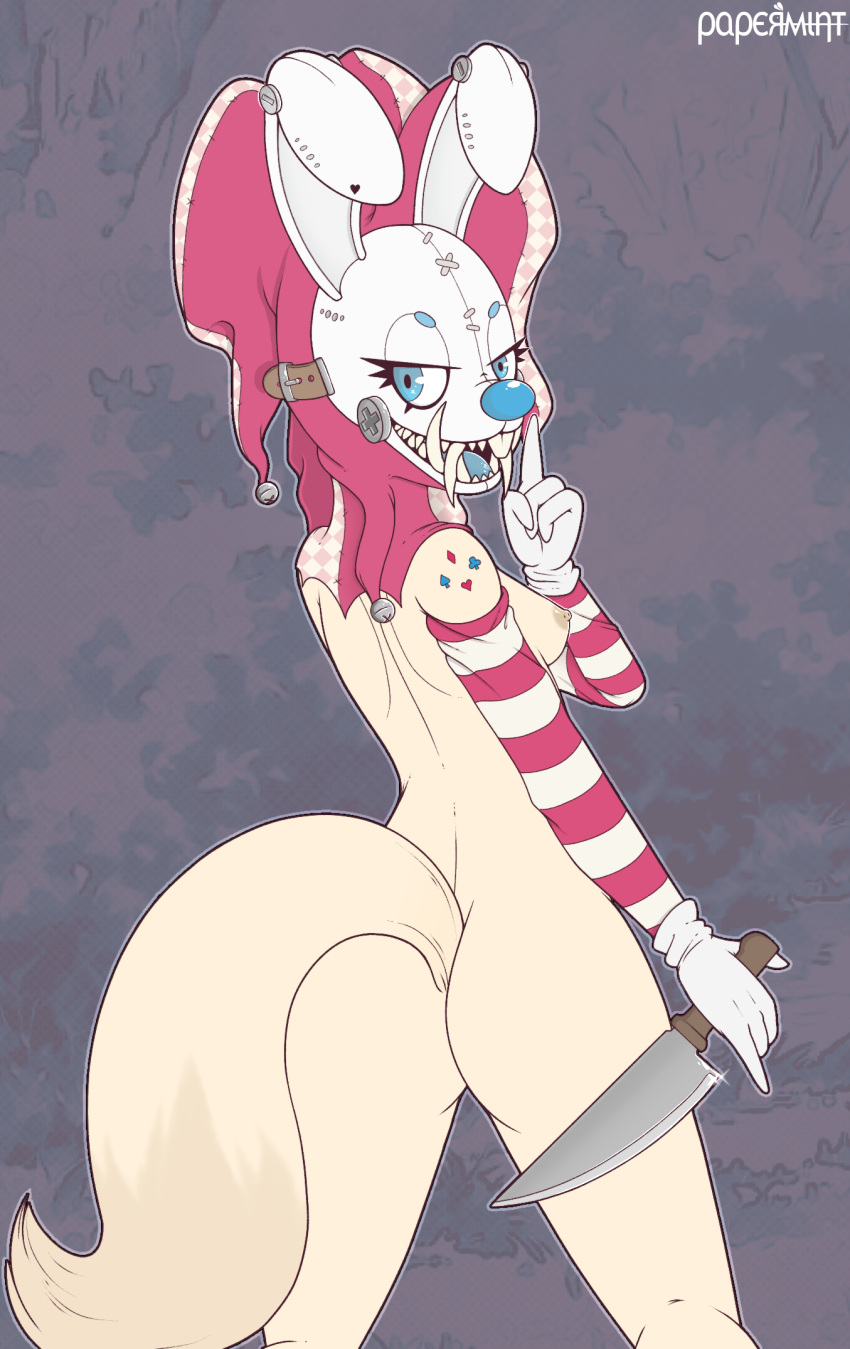 anthro ass big_butt bloodsugar breasts buckteeth bunny_costume canid canine clothing clown clown_costume clown_makeup clown_nose costume demonic female fennec fool's_hat fox hat headgear headwear hi_res jester mammal mask nude original papermint papermintus pinup pose rabbit_ears solo teeth