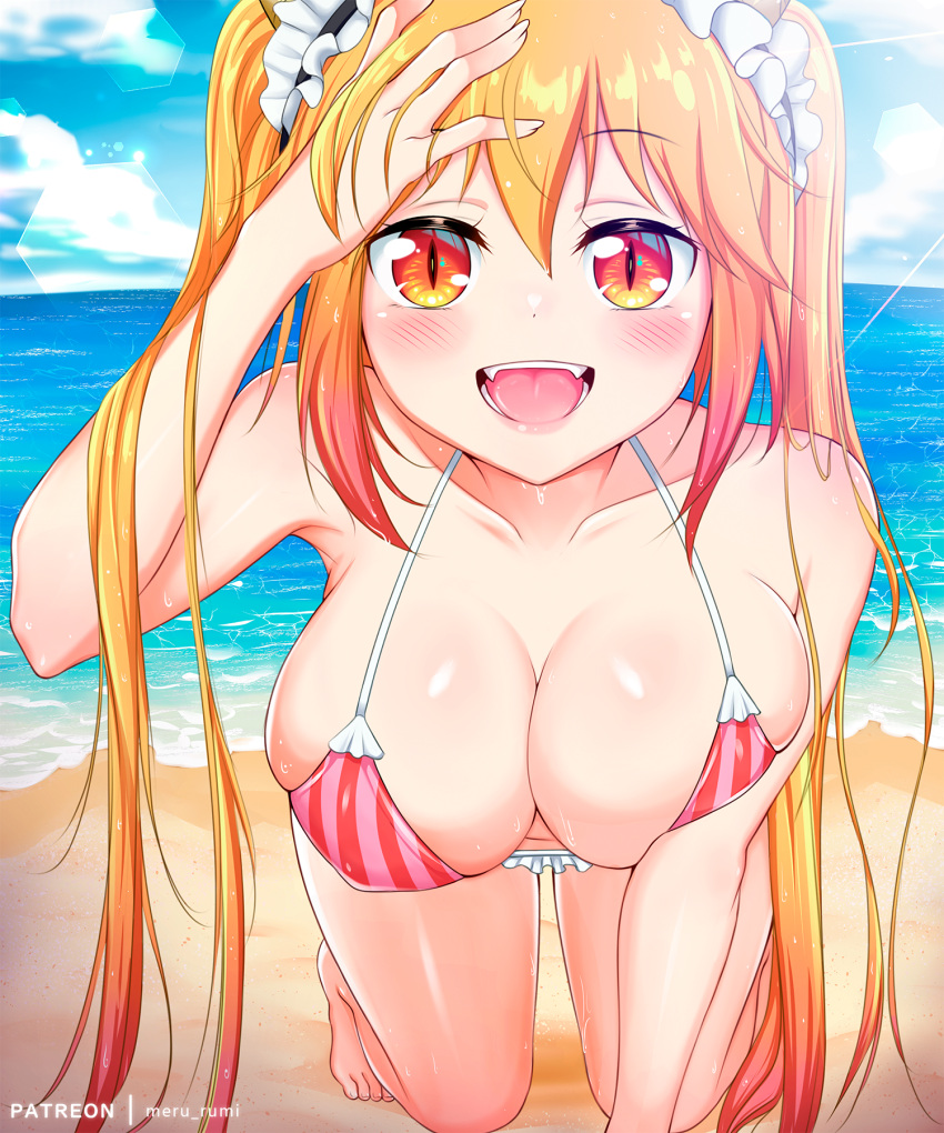 1girls all_fours beach bent_over big_breasts blonde_hair blush breasts dragon_girl female meru_rumi miss_kobayashi's_dragon_maid orange_eyes smile tagme tohru_(dragon_maid) twintails