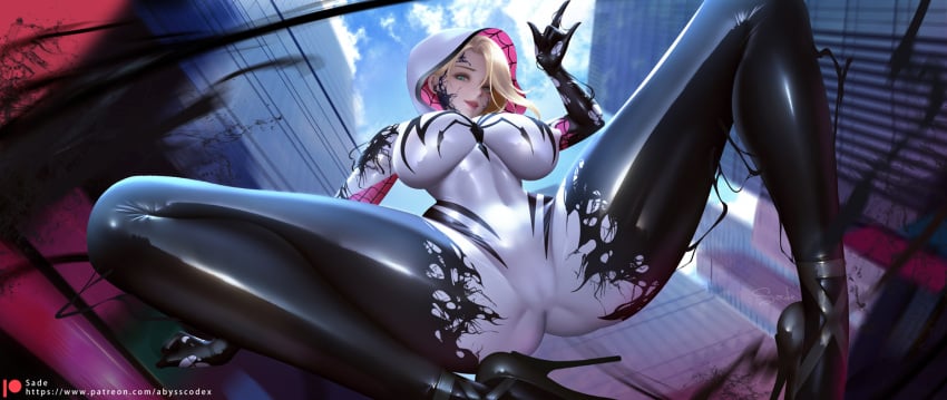 anti-she-venom anti-venom artist_name ballet_slippers black_bodysuit bodysuit breasts cleavage cloud cloudy_sky day earbuds earphones female female_only full_body gwen_stacy gwenom high_heels hood hood_up large_breasts latex latex_bodysuit looking_at_viewer marvel mask mask_on_head patreon_username patterned_clothing phone reflection reflective_clothes sade_abyss shiny shiny_clothes signature sky solo spider-gwen spider-man_(series) spread_legs squatting stiletto_heels superhero superhero_costume superheroine symbiote tagme two-tone_bodysuit web_address white_bodysuit