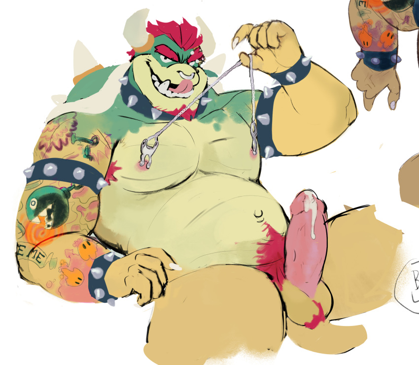 anthro arm_tattoo bodily_fluids bowser cum cum_drip cum_on_penis dripping genital_fluids genitals hi_res koopa male male_only mario_(series) nintendo nipple_piercing nipples penis piercing scalie solo tattoo tigrugo