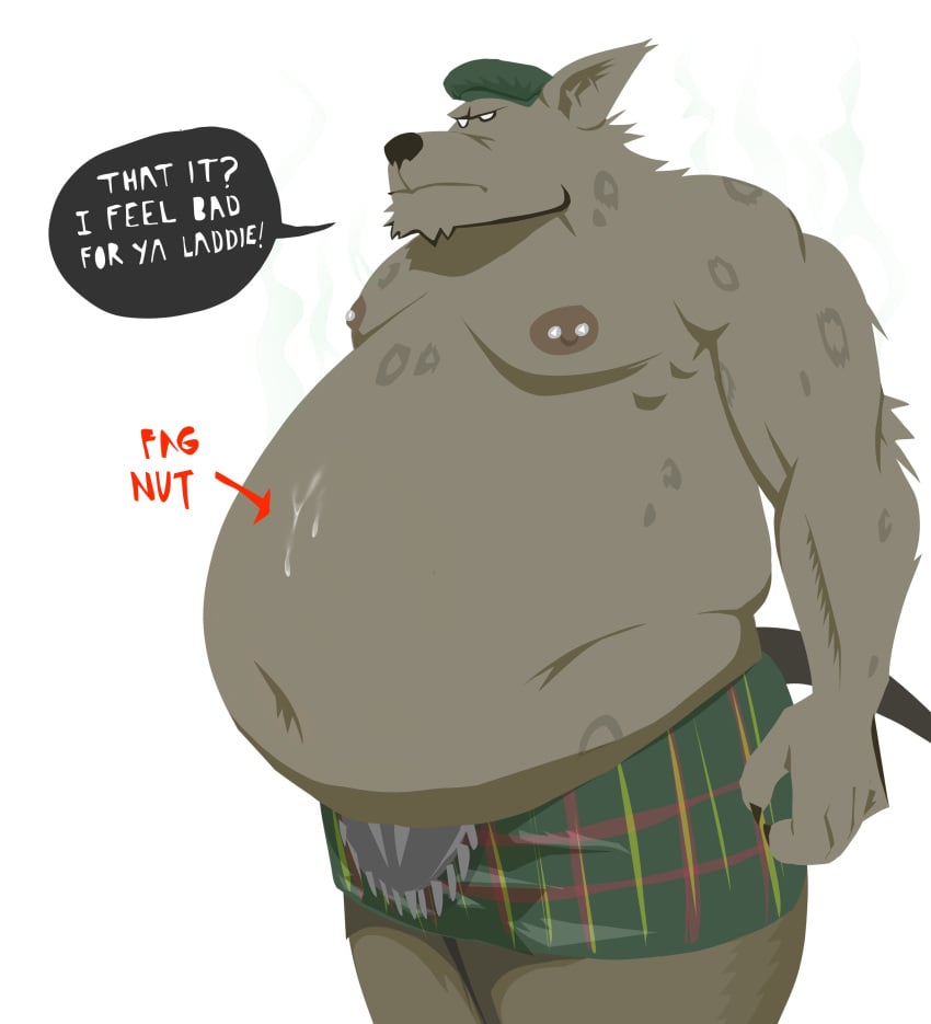 absurd_res anthro belly belly_overhang bodily_fluids chunkolilt_(artist) cum cum_on_belly cum_on_body cum_on_fur degradation dialogue english_text fur_pattern genital_fluids gnoll hi_res hyena kilt male male/male mammal nipple_piercing nipples piercing scottish scottish_accent slur solo speech_bubble text