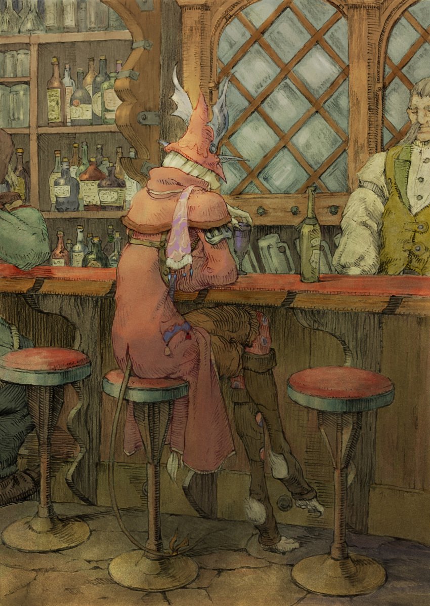 1girls anthro bar barman beverage blonde_hair burmecian clothed clothing detailed_background female female_focus final_fantasy final_fantasy_ix freya_crescent furry hat hi_res highres kobe_ichi red_clothing ribbon scarf sitting_on_chair tail traditional_media