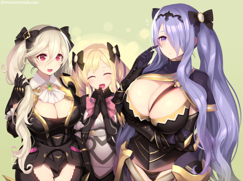 3girls :d alternate_costume alternate_hairstyle armor ascot bangs bare_thighs black_armor black_bow black_gloves black_panties blonde_hair blush bow breasts brooch camilla_(fire_emblem) cleavage corrin_(female)_(fire_emblem) corrin_(fire_emblem) deep_cleavage earrings elise_(fire_emblem) female female_only fire_emblem fire_emblem_fates fire_emblem_heroes gloves hair_between_eyes hair_ornament hair_over_one_eye hairband hairbow inner_thighs jewelry kashiwamochi_yomogi large_breasts lips long_hair matching_hairstyle multiple_girls official_alternate_costume open_mouth panties pink_bow pointy_ears purple_eyes purple_hair red_eyes siblings simple_background sisters skindentation smile string_panties thighs tiara twintails underwear very_long_hair wavy_hair