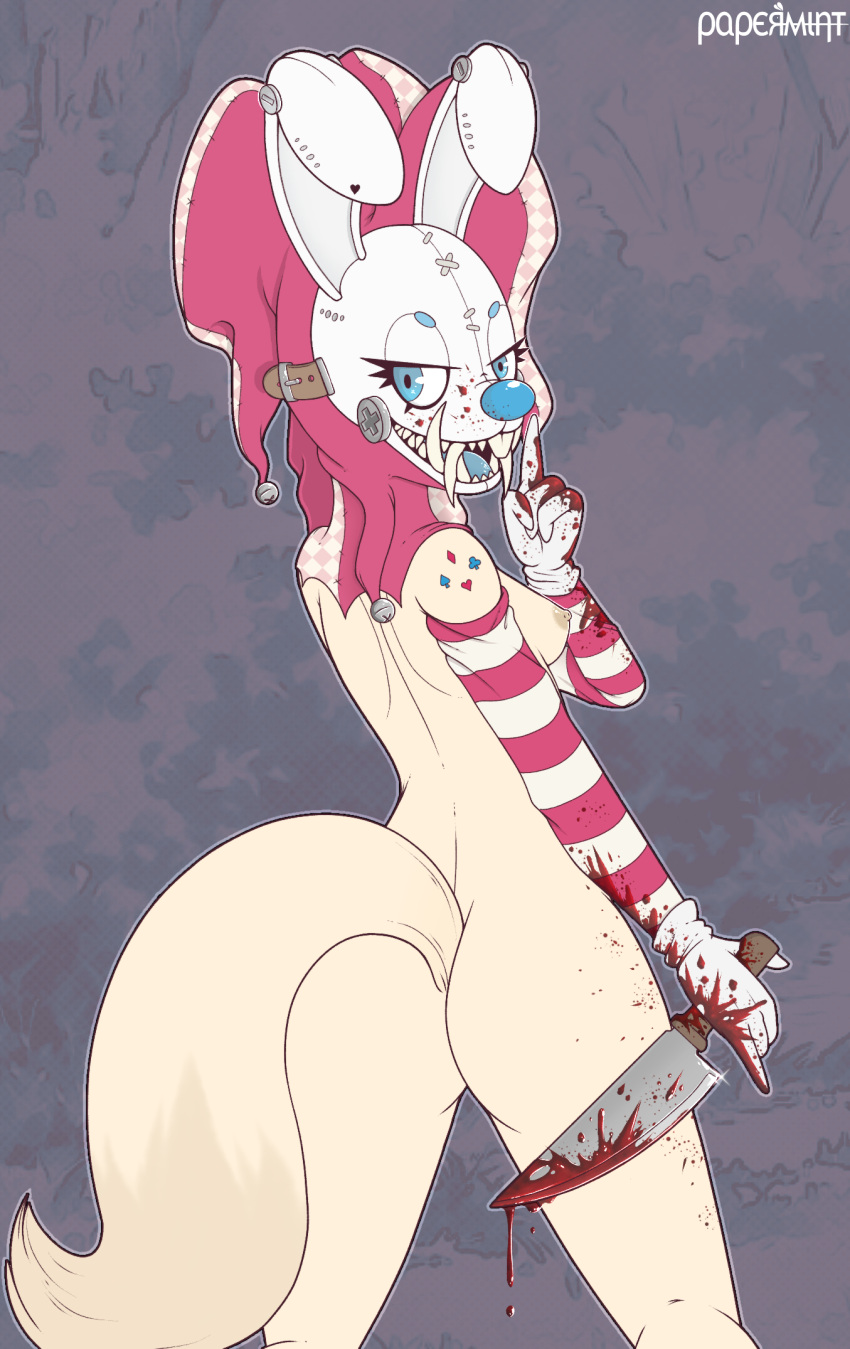 anthro ass big_butt blood bloodsugar bodily_fluids breasts buckteeth bunny_costume canid canine clothing clown clown_costume clown_makeup clown_nose costume demonic female fennec fool&#039;s_hat fox hat headgear headwear hi_res jester mammal mask nude original papermint papermintus pinup pose rabbit_ears solo teeth