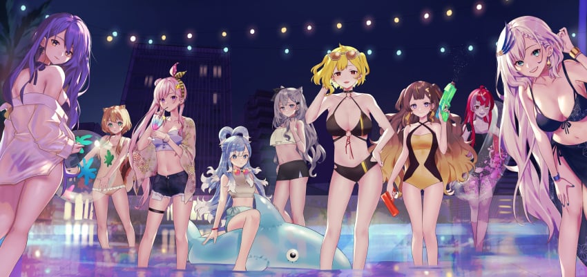 6+girls 9girls absurdres ahoge airani_iofifteen anya_melfissa area_15 ayunda_risu bangs bare_shoulders bikini black_bikini blonde_hair blue_eyes bracelet braid breasts brown_hair choker cleavage denim denim_shorts drinking_straw drinking_straw_in_mouth earrings eyewear_on_head front-tie_top green_eyes hair_ornament heterochromia hievasp highres holding holding_drinking_straw holoh3roes hololive hololive_indonesia hololive_indonesia_area_15 hololive_indonesia_holoh3ro hololive_indonesia_holoro holoro inflatable_shark inflatable_toy innertube jewelry kaela_kovalskia kobo_kanaeru kureiji_ollie large_breasts long_hair looking_at_viewer medium_breasts moona_hoshinova multiple_girls navel open_mouth pavolia_reine purple_eyes purple_hair red_eyes sarong see-through short_hair shorts smile standing swimsuit very_long_hair vestia_zeta virtual_youtuber water_gun white_hair