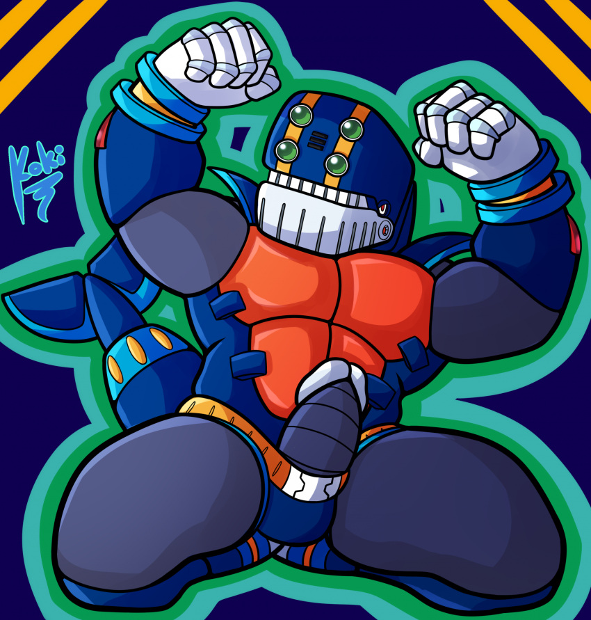 1boy 1male balls blue_body boner capcom clenched_fists duff_mcwhalen erection flexing koki_1 looking_at_viewer male mechanical mega_man mega_man_x muscular muscular_male non-human penis red_chest robot simple_background tidal_makkoken underwear watermark whale