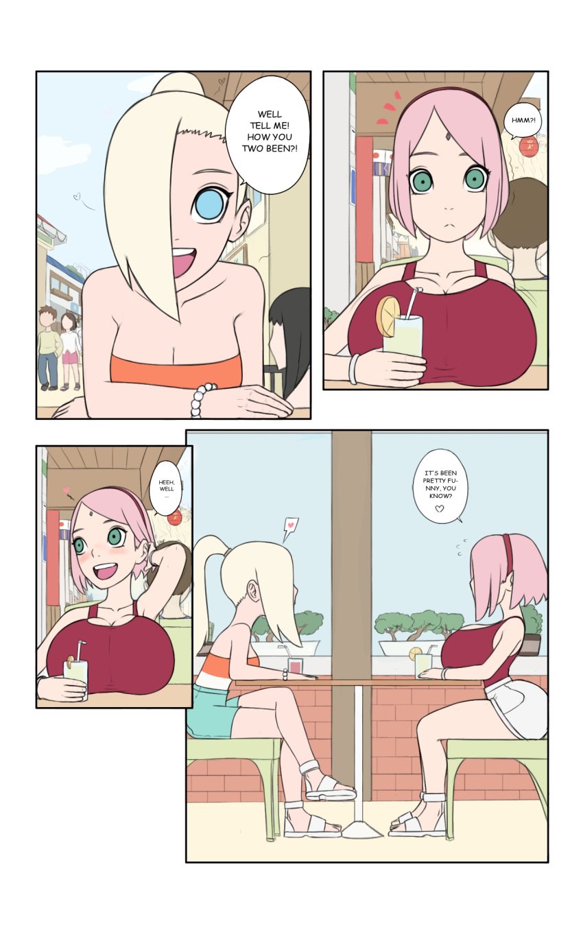 big_ass big_breasts boruto:_naruto_next_generations breasts_focus comic comic_page crude_drawing drinking ino_yamanaka naruto sakura_haruno smile talking