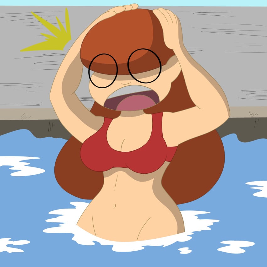 accidental_exposure ba_after_dark bikini bikini_malfunction bikini_top blush bottomless bottomless_female cartoon embarrassed embarrassed_nude_female emma enf glasses lou! naked naked_female no_panties public_nudity shocked_expression swimming_pool swimsuit