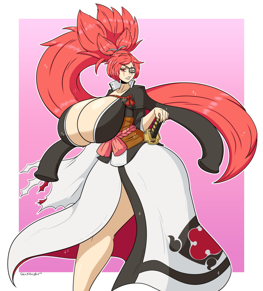 baiken big_breasts breasts curvaceous curvy curvy_figure eyepatch female guilty_gear guilty_gear_strive holstered_weapon huge_ass leg_out long_hair red_eyes ribbon scars shinyillusionz sleeves sword sword_hilt