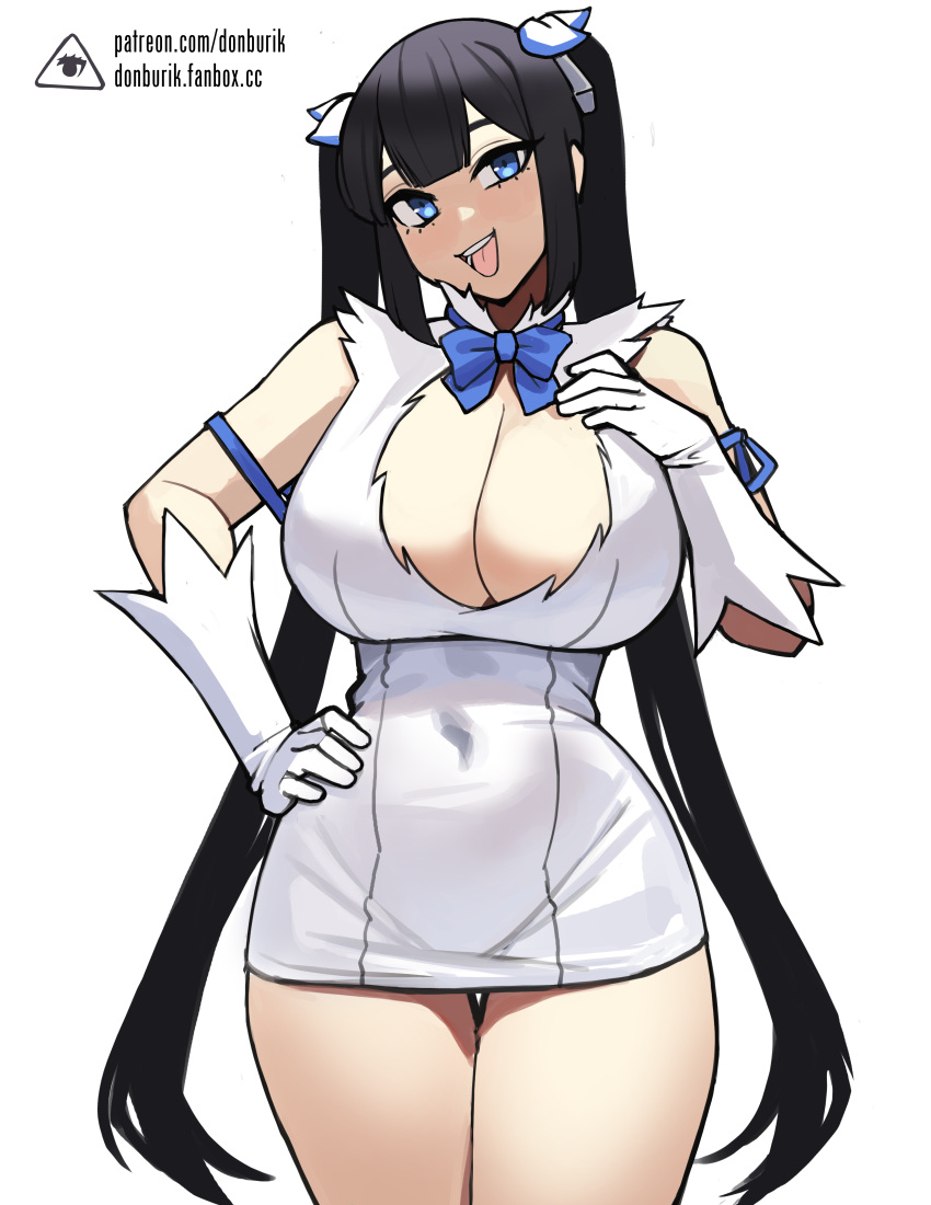 1girls black_hair blue_eyes breasts donburikazoku dungeon_ni_deai_wo_motomeru_no_wa_machigatteiru_darou_ka female goddess hestia_(danmachi) high_resolution hips huge_breasts light-skinned_female light_skin long_hair thick_thighs thighs tongue tongue_out twintails wide_hips