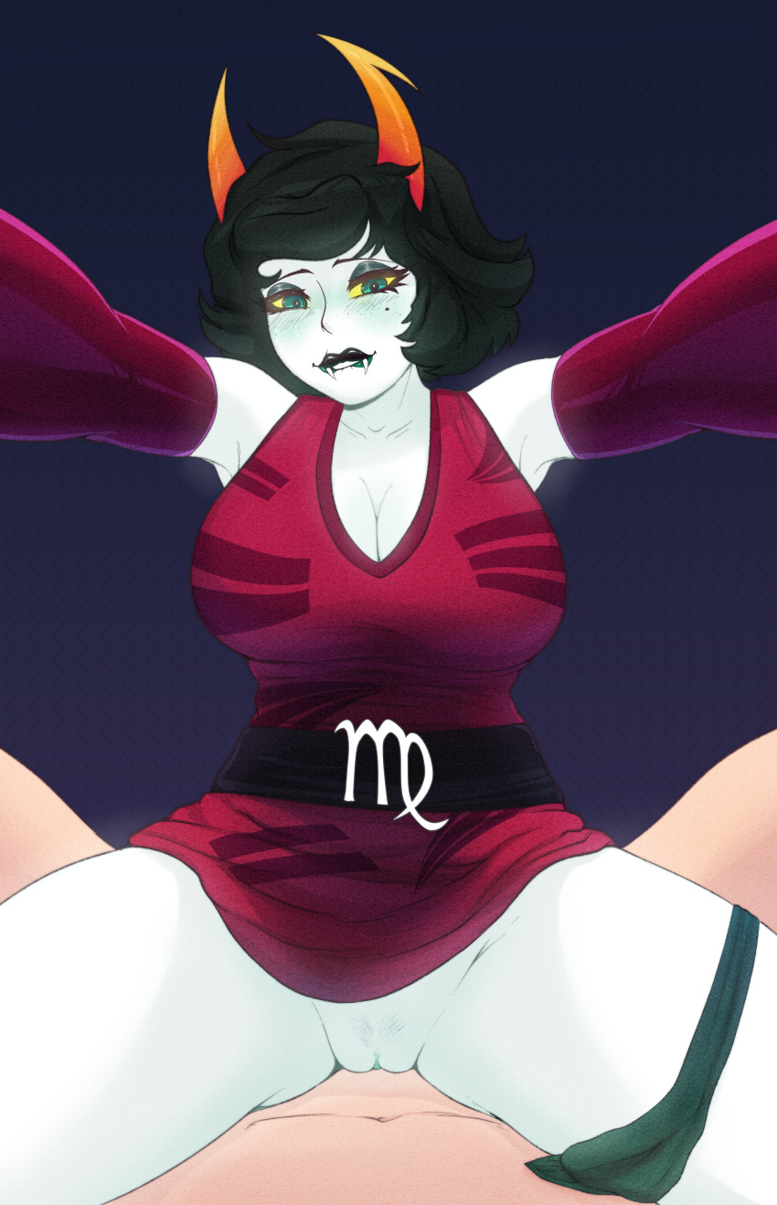 1boy 1girls biting_lip blush breasts homestuck horns human humanoid interspecies kanaya_maryam large_breasts looking_at_viewer male_human/female_humanoid orientation_play pov straight trashlord troll troll_female unseen_male_face vaginal_sex