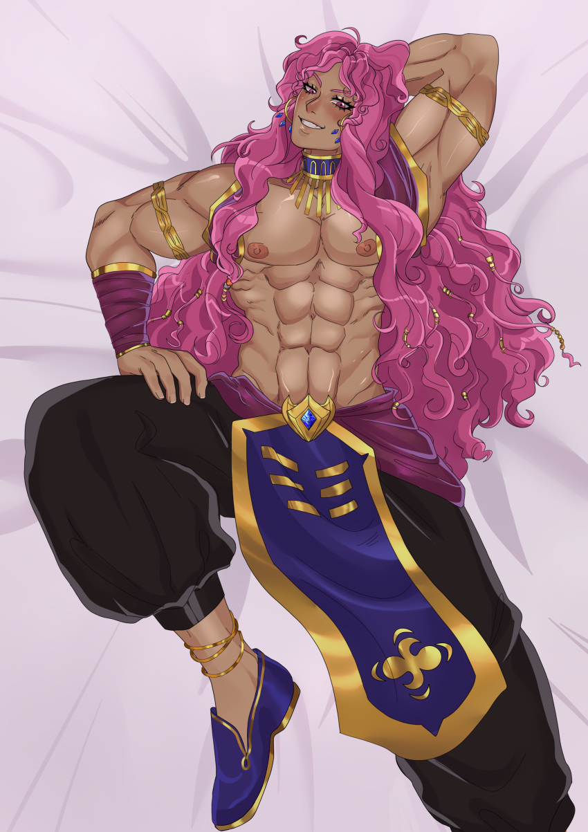 1boy 1male abs bedroom_eyes big_nipples blush collar commentary_request commission curly_hair dark-skinned_male earrings eros_bexel fan_character hi_res human jewelry long_hair lying lying_on_back male_only muscular muscular_male oc original original_character pants pink_eyes seductive simple_background smile solo spread_legs tagme the_dark_mangaka very_long_hair