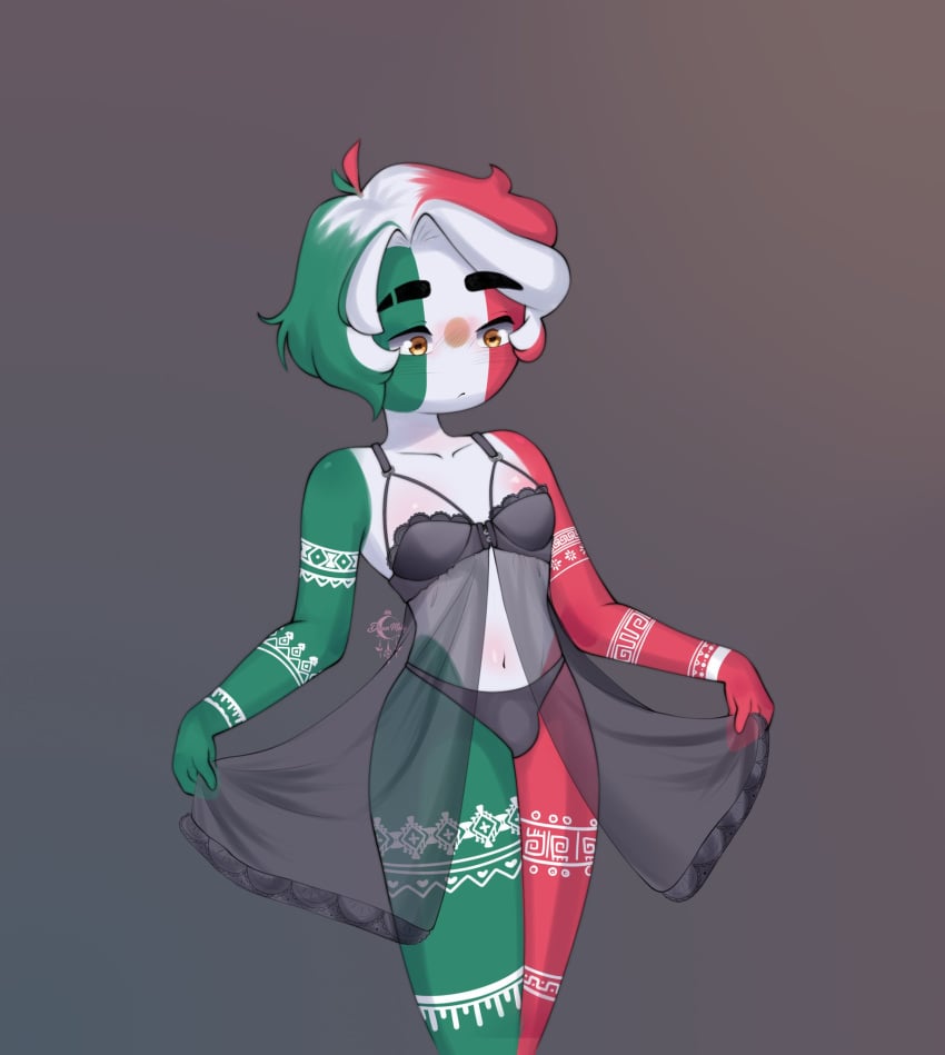 1boy black_lingerie countryhumans dream_moky femboy gray_background lingerie mexico_(countryhumans) simple_background