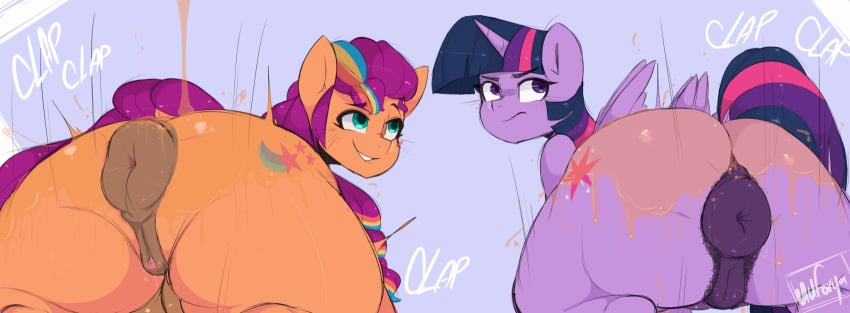 alicorn anatomically_correct anatomically_correct_genitalia anatomically_correct_pussy animal_genitalia animal_pussy anus ass big_anus big_butt blue_eyes blush bodily_fluids clitoral_winking clitoris cutie_mark dock duo earth_pony equid equine equine_anus equine_genitalia equine_pussy eyelashes feathered_wings feathers female feral friendship_is_magic genital_fluids genitals hair hasbro hi_res horn horse huge_anus hyper hyper_anus mammal mlp_g5 multicolored_hair my_little_pony orange_body pony puffy_anus purple_body purple_eyes purple_hair purple_tail pussy pussy_juice raised_tail smile sound_effects sunny_starscout_(mlp) tail thick_thighs twerking twilight_sparkle_(mlp) uuforya wings