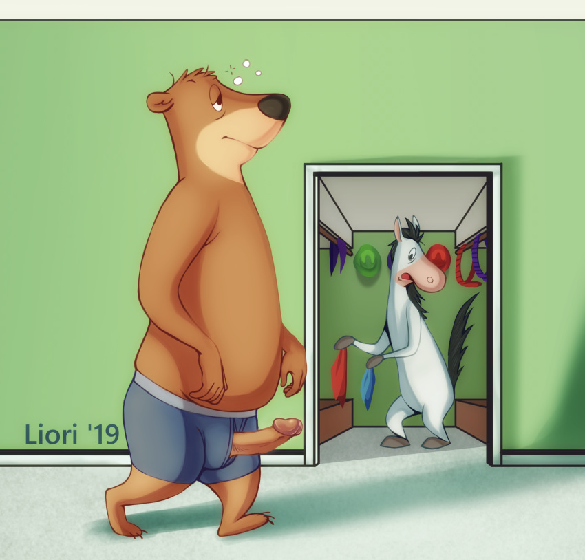 anthro barefoot bear blue_boxer_briefs blue_clothing blue_underwear boxer_briefs boxer_briefs_only closet clothed clothing door duo equid equine feet fur genitals hanna-barbera hi_res horse inside male male/male mammal penis penis_through_underwear quick_draw_mcgraw redo_(artist) shadow shocked tan_body tan_fur the_quick_draw_mcgraw_show tired topless underwear underwear_only white_body white_fur yogi_bear