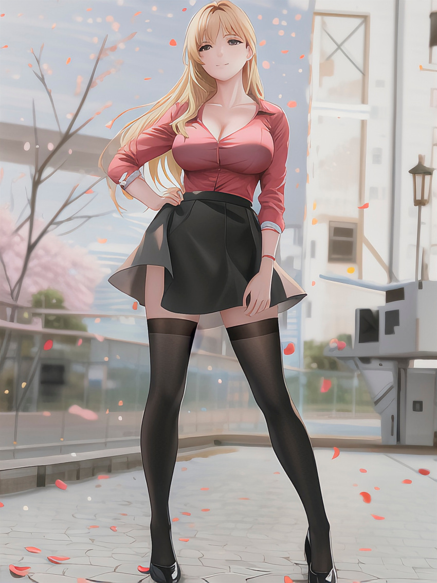 ai_generated black_skirt blonde_female blonde_hair blouse brown_eyes female female_focus female_only heels high_heels legwear outside red_blouse red_shirt skirt stable_diffusion thigh_highs thighhighs thighs