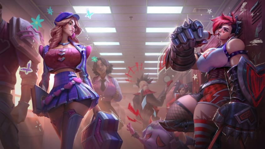 3rd_party_edit alternate_breast_size amumu biting_lip caitlyn_kiramman drinking female female_only heartache_amumu heartache_vi heartthrob_caitlyn huge_breasts league_of_legends multiple_girls muscular muscular_female official_artwork_edit riot_games school_uniform schoolgirl sutton184_edits thick_thighs vi wide_hips