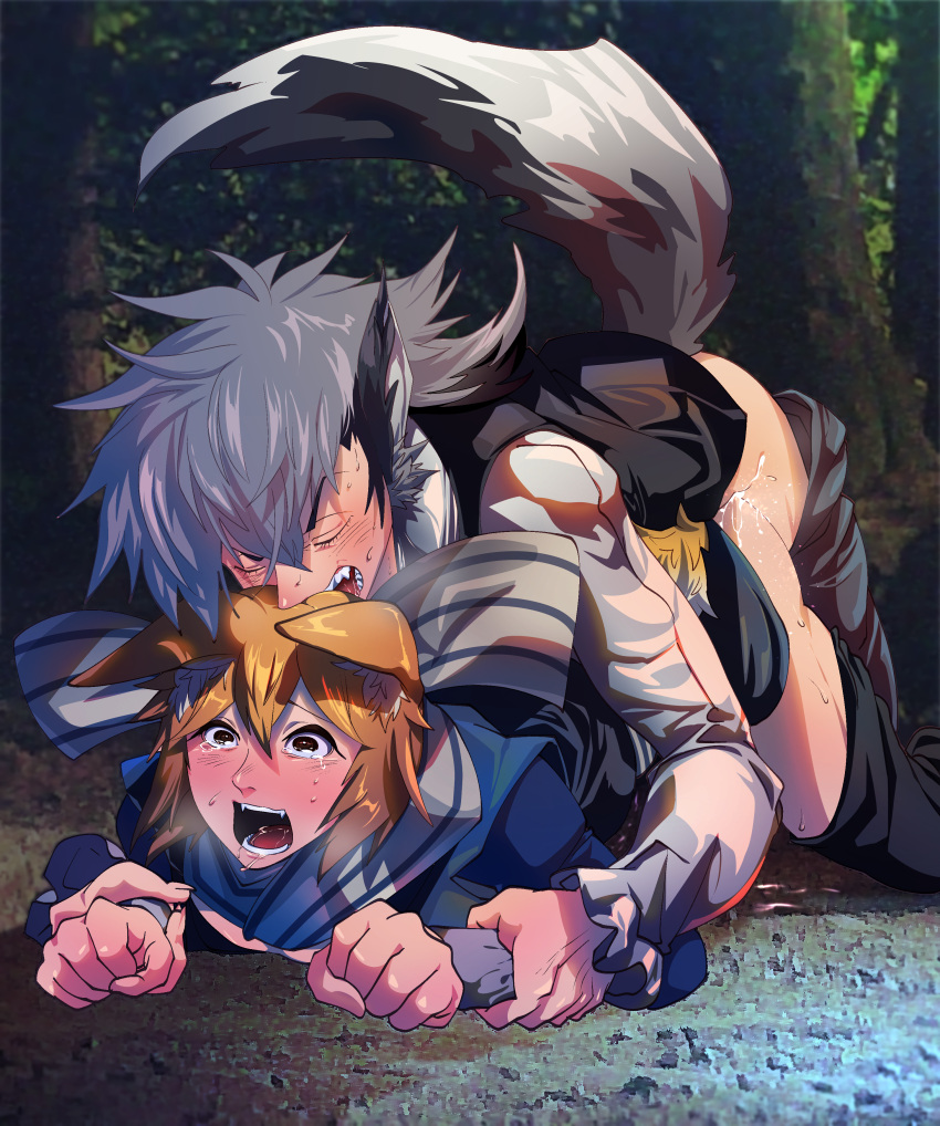 2boys anal animal_ears biting blush brown_hair cum fire_emblem fire_emblem_fates fox_boy from_behind gay grey_hair haruja kaden_(fire_emblem) keaton_(fire_emblem) male male_only open_mouth pants_down sharp_fingernails sharp_teeth sweat tail wolf_boy wolf_ears yaoi