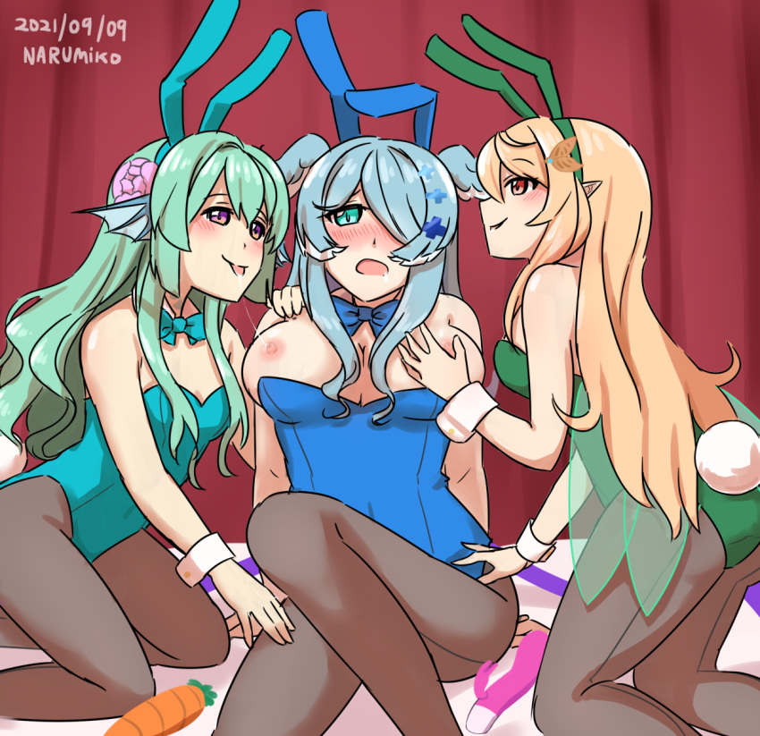 3girls areolae blonde_hair blue_hair blush bowtie breasts breasts_out bunny_ears bunny_girl bunny_tail bunnysuit carrot detached_collar elira_pendora fairy_wings finana_ryugu green_hair hair_over_one_eye head_fin head_wings lazulight leotard licking_breast narumiko nijisanji nijisanji_en nipples open_mouth pantyhose pomu_rainpuff saliva_trail sex_toy threesome virtual_youtuber wings yuri