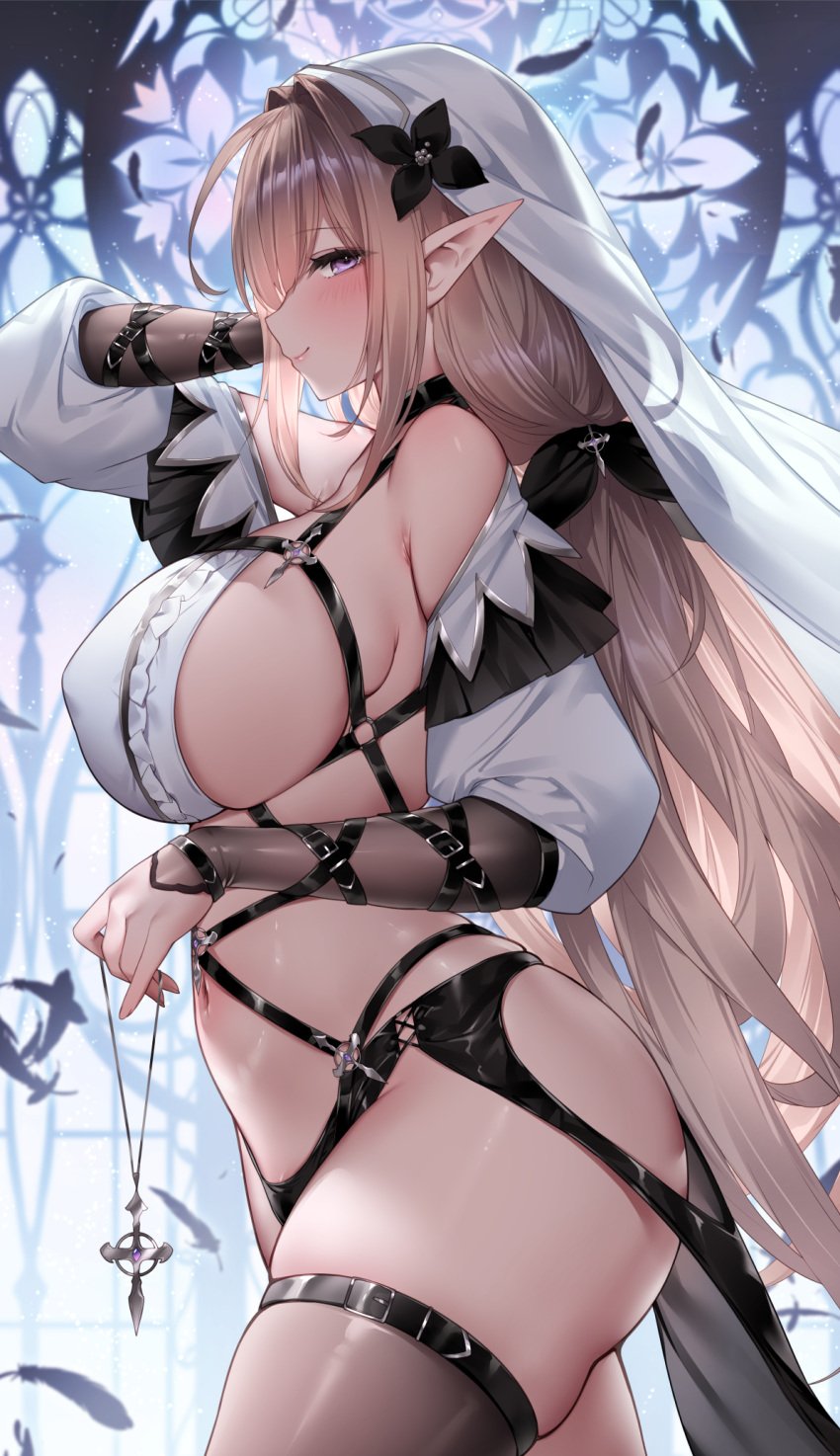 1girls breasts brown_hair elf elf_ears elf_female female high_resolution huge_breasts light-skinned_female light_skin long_ears long_hair naughty_face original original_character pointy_ears purple_eyes revealing_clothes side_view sideboob sora_72-iro suggestive_look thick_thighs