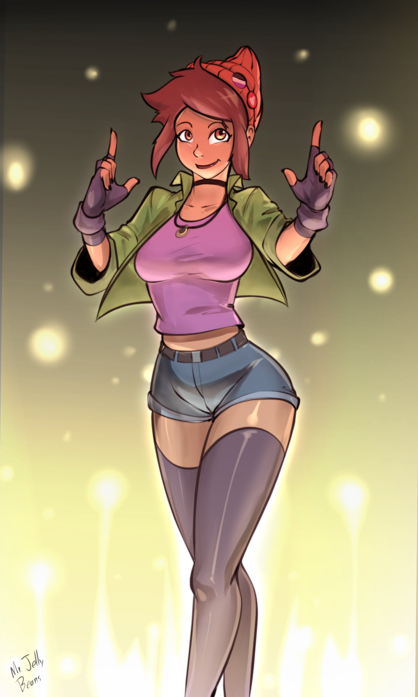 1girls aged_up artist_signature asexual_pride_colors beanie_hat brown_hair disney disney+ disney_xd female female_focus female_only fingerless_gloves fully_clothed hi_res high_resolution highres jacket latina luz_noceda medium_breasts mr.jellybeans non-nude short_shorts short_sleeves shorts shortshorts solo solo_female solo_focus straight_hair tagme the_owl_house thick_thighs thighhighs wide_hips