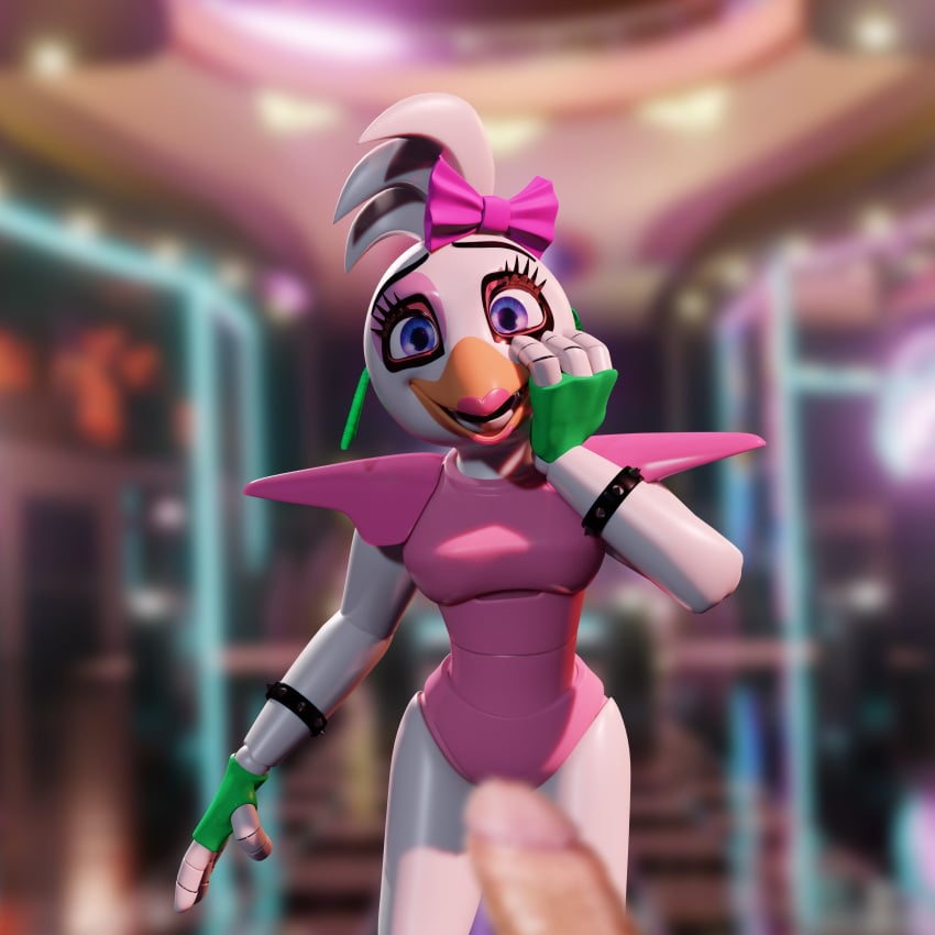 3d 80's_theme chica_(fnaf) coolioart fingerless_gloves five_nights_at_freddy's five_nights_at_freddy's:_security_breach fnaf glamrock_chica_(coolioart) glamrock_chica_(fnaf) highres image penis popscoul pov pov_eye_contact scottgames steel_wool_studios white_hair