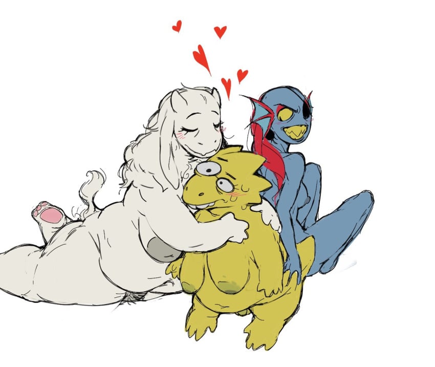 2023 2d 3girls alphys anthro closed_eyes clownstongue color eyepatch female furry glasses goat horns hug hugging monster monster_girl pawpads pink_pawpads tagme toriel undertale undertale_(series) undyne white_fur yellow_body yellow_sclera