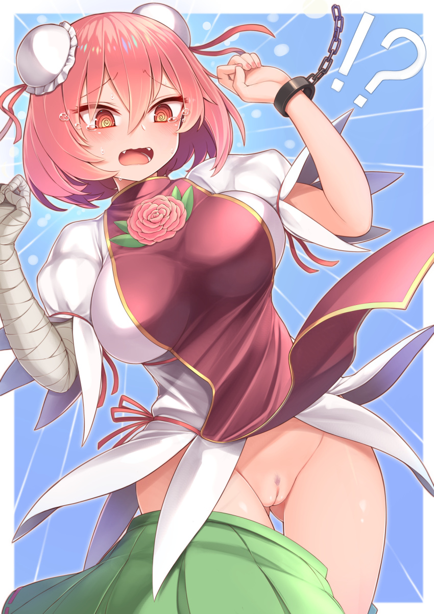 !? @_@ absurdres ass_visible_through_thighs bandaged_arm bandages blue_background blush breasts bun_cover carnation clothes_pull double_bun fangs female flower green_skirt hair_bun harunoha highres ibaraki_kasen large_breasts open_mouth pink_flower pink_hair pussy skirt skirt_pull solo tabard teeth touhou wardrobe_malfunction