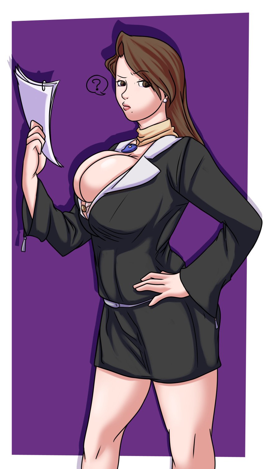 beauty_mark big_breasts brown_eyes brown_hair brown_hair capcom confused confused_look confusion deadpliss earrings fakeryway full_color fully_clothed gyakuten_saiban gyakuten_saiban hand_on_hip large_breasts lawyer lips lipstick long_hair long_sleeves magatama mia_fey pale-skinned_female pale_skin pleasure_castle pursed_lips scarf shaded simple_background solo solo_female suit tight_clothing