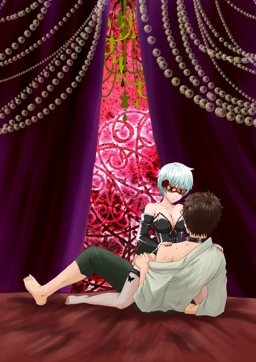 1boy 1girls barefoot bustier canon_genderswap cleavage collar corset curtains detached_sleeves detailed_background dominatrix eye_mask faceless_male female female_on_top fishnet_thighhighs fishnets genderswap_(mtf) ginko_sakata gintama gintoki_sakata hand_on_another's_shoulder hand_on_thigh kneeling leather light_blue_hair looking_at_another male mask nail_polish off_shoulder official_alternate_costume red_eyes red_nails rule_63 sakamoto_tatsuma short_hair straddling thighhighs trbxsymn very_short_hair white_hair