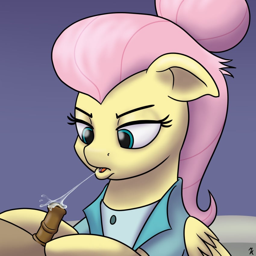 absurd_res clothed clothing equid equine feathers female feral fluttershy_(mlp) friendship_is_magic genitals hair hasbro hi_res male male/female mammal mkogwheel my_little_pony pegasus penis pink_hair small_penis small_penis_humiliation spitting wings yellow_body yellow_feathers