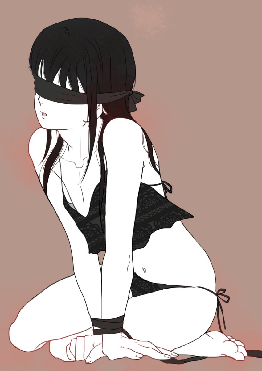 black_hair blindfold bound bound_wrists crossdressing damascusn femboy full_body gintama katsura_kotarou lingerie long_hair long_hair_male male male_only panties restricted_palette side-tie_panties sitting solo trap