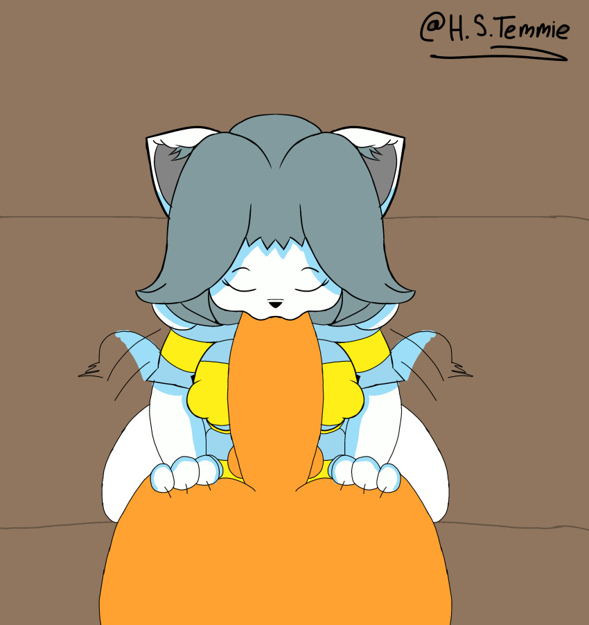 1boy 1boy1girl 1girls blowjob closed_eyes clothed clothing fellatio furry gray_hair grey_hair h-s-temmie h.s.temmie huge_cock minus8_(traced) nipple_bulge nipples pov tagme temmie_(undertale) traced undertale