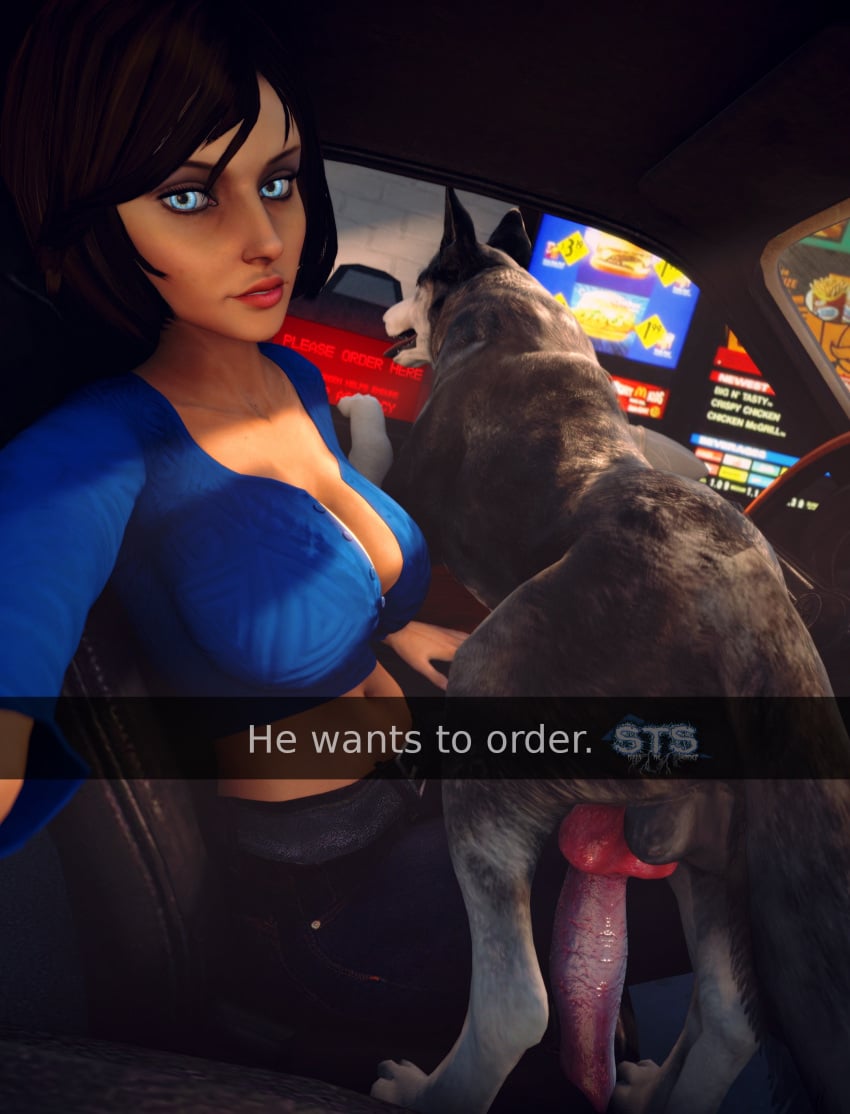 3d 3d_(artwork) bioshock bioshock_infinite canine canine_penis elizabeth_comstock female he_wants_to_order meme snapchat snippstheslammer source_filmmaker zoophilia