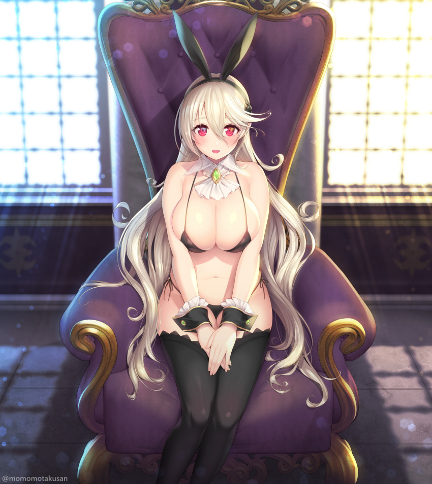 1girls alternate_costume animal_ears armchair ass bare_thighs bikini black_bikini black_swimsuit black_thighhighs blonde_hair bow bowtie breasts brooch bunny_ears bunny_girl bunnysuit chair cleavage corrin_(female)_(fire_emblem) corrin_(fire_emblem) corrin_(fire_emblem)_(female) detached_collar fake_animal_ears female female_only fire_emblem fire_emblem_fates fishnet_thighhighs grey_hair hair_between_eyes high_heels highres inner_thighs jewelry kashiwamochi_yomogi large_breasts long_hair looking_at_viewer navel nintendo open_mouth pointy_ears rabbit_ears red_eyes sideboob sitting smile solo stomach swimsuit thighhighs thighs throne tiara very_long_hair wrist_cuffs year_of_the_rabbit