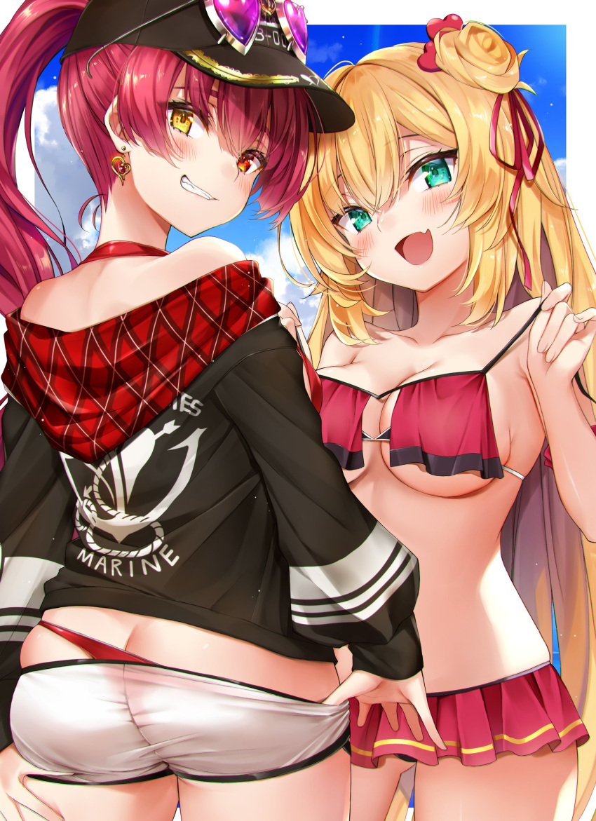 2girls akai_haato ass ass_cleavage bangs bare_shoulders bikini bikini_under_clothes black_headwear black_jacket blonde_hair blue_sky blush breasts butt_crack commentary_request dolphin_shorts earrings eyewear_on_head eyewear_on_headwear female female_only from_behind green_eyes hat heart heart-shaped_eyewear highres hololive hololive_fantasy hololive_gen_1 hololive_japan houshou_marine jacket jewelry large_breasts long_sleeves looking_at_viewer looking_back makinan multiple_girls off_shoulder open_mouth parted_lips ponytail red_bikini red_eyes red_hair short_shorts shorts sky smile sunglasses sunglasses_on_head swimsuit teeth virtual_youtuber white_shorts yellow_eyes