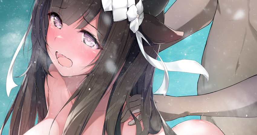 1boy animal_ears azur_lane bandaid bandaid_on_head blue_background blush breasts breath brown_hair collarbone completely_nude cow_ears cow_girl cow_horns crossed_bandaids dark-skinned_male dark_skin dermar doggy_style hair_ornament hair_ribbon hands_on_another's_shoulders heavy_breathing horns interracial kashino_(azur_lane) large_breasts long_hair nose_blush nude open_mouth purple_eyes ribbon sex sex_from_behind simple_background solo_focus steam steaming_body straight sweat upper_body white_ribbon