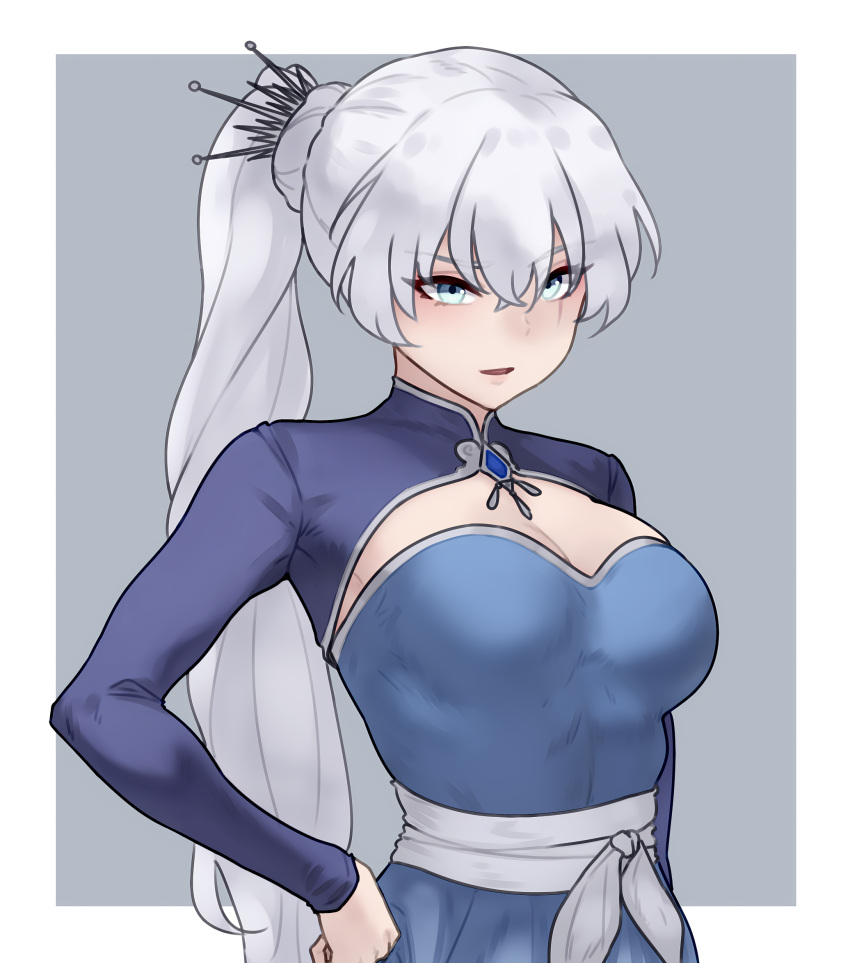 1girls big_breasts blue_dress blue_eyes bluefield border breasts cleavage hi_res mystral_outfit parted_lips ponytail rwby sash scar scar_across_eye shrug_(clothing) smile smug solo tiara upper_body v-shaped_eyebrows weiss_schnee weiss_schnee_(mystral) white_border white_hair